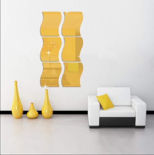 6PCS Wavy Mirror Wall Stickers, Large Size, 3D Acrylic Mirror Art DIY Home Decorative Mirror Wall Sheet Plastic Mirror Tiles for Home Living Room Bedroom Sofa TV Setting Wall Decoration Decor Decal
