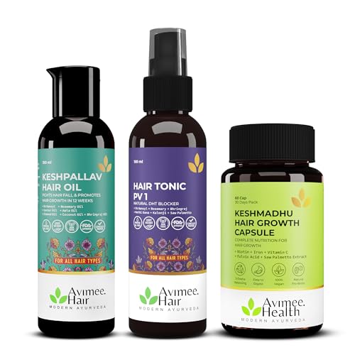 Image of Avimee Herbals Male Pattern Baldness Kit | Keshpallav Oil (100ml)+ Hairtonic PV 1 (100ml) + Keshmadhu 60 Capsules | Hair Serum for Hair fall Control | Nourishes the scalp & Strengthens hair roots
