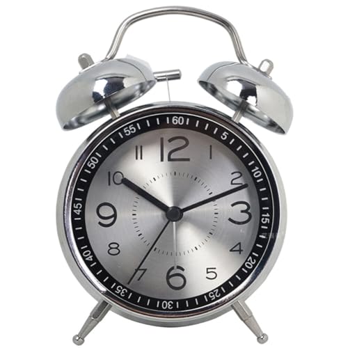 Alarm Clock Metal Quartz Battery Operated with Backlight Silent Non-Ticking Alarm Clock Double Bell Numbers for Bedside Desk Vintage Retro Decorative Old School Office Workers (Silver)