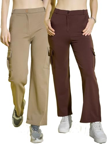 Image of DIMPY GARMENTS Full Length Straight Fit Solid Cargo Pants | Women Casual Pant Combo-Pack of 2