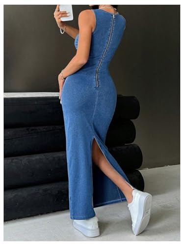 SOLY HUX Women's Denim Dress Sleeveless Slit Bodycon Tank Dress Summer Maxi Dresses3