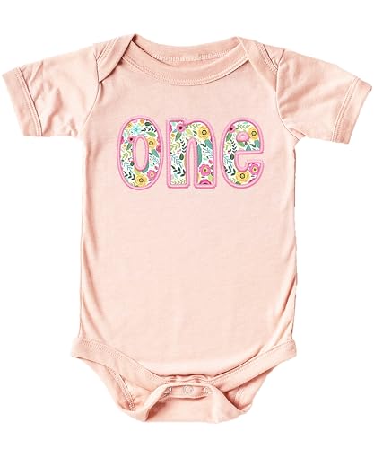 Olive Loves Apple One Ink-Printed Pink Embroidered First Birthday Bodysuit for Baby Girl Floral 1st Birthday Outfit