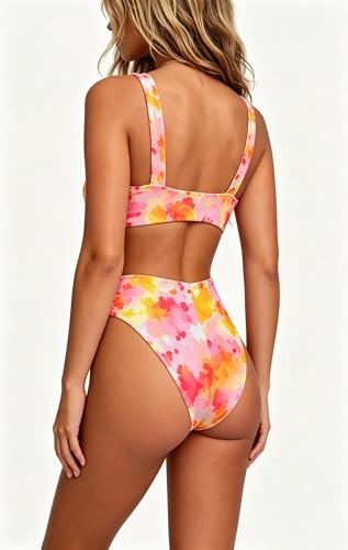 Image of geluboao Bikini Set for Women Solid V Neck Knot Front Push Up High Leg Thong Two Piece Swimsuit