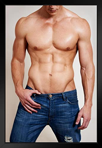 Man of Muscle Hot Guy in Jeans Photo Black Wood Framed Art Poster 14x20