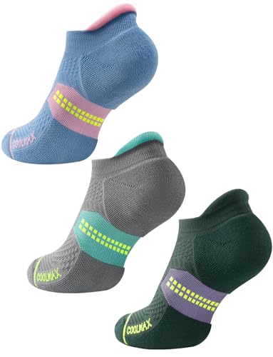 Juclise Coolmax Bamboo Viscose Compression Running No Show Athletic Socks, Anti Blister Moisture Wicking (US, Alpha, Medium, Regular, Regular, Midgrey Aqua+Washed Denim+Storm Teal)