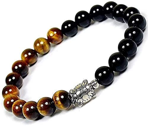 GenericBlessing Crystal Tiger Eye & Black Tourmaline Combination With Turtle Charm, Money Attraction Bracelet 8Mm For Business And Job Pramotion For Unisex Adult (Brown, Black)