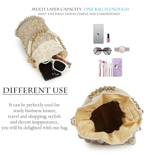 Image of Nevis Silk Fabric Luxury Pearl Embroidered Potli Bag for Women | Bridal Ethnic Drawstring Clutch with Beaded Handle Wedding
