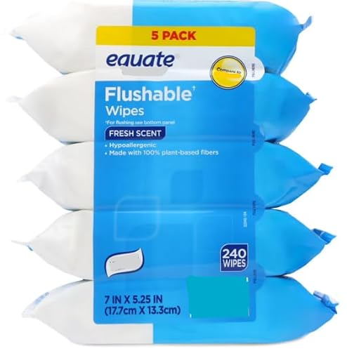 Equate Flushable Adult Wet Wipes, Fresh Scent â€“ 240 Total Wipes (48x5 Packs), Plant-Based Fibers, Hypoallergenic with Aloe & Chamomile