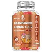Multivitamin Gummibärchen für Kinder - Mit Omega 3 6 9, Vitamin C - 120 Multivitamin Kinder Gummies - Vitamin D3, B7, B12, E, B1, B2, B3, B5, B9 Jod, Zink - Mit Himbeer & Orangengeschmack - maxmedix