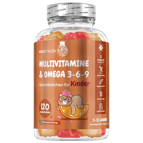 Multivitamin Gummibärchen für Kinder - Mit Omega 3 6 9, Vitamin C - 120 Multivitamin Kinder Gummies - Vitamin D3, B7, B12, E, B1, B2, B3, B5, B9 Jod, Zink - Mit Himbeer & Orangengeschmack - maxmedix