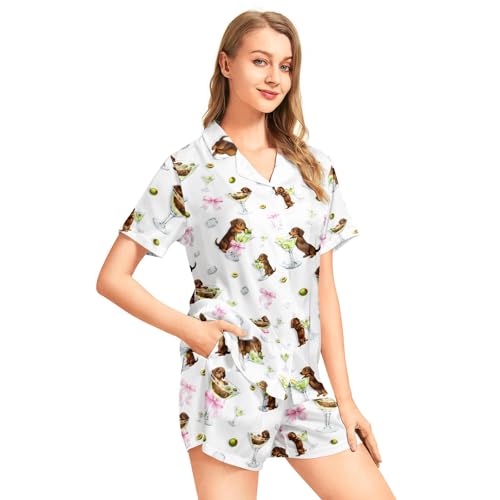 Image of Funny Pajamas for Women Set Print Satin Loungewear Pjs Short Sleeve Button Down Top and Shorts Sets Sleepwear XS-3XL
