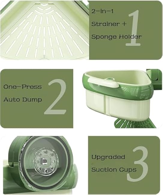 Cureaway Suction Cup Sink Corner Rack, Cureaway Suction Cup Sponge Holder, Triangular Hanging Kitchen Strainer Basket, Automatic Dumping, for Kitchen Bathroom (Green)