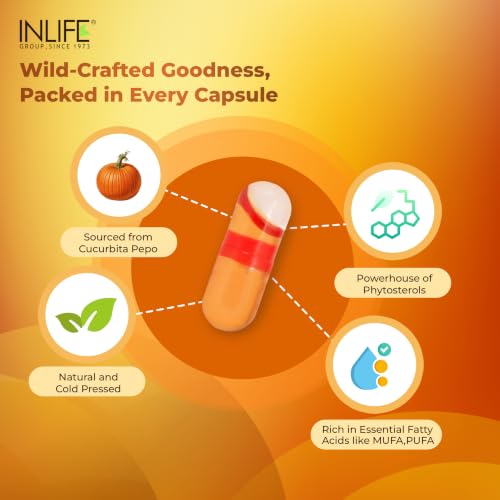 Image of INLIFE Pumpkin Seed Oil, Extra Virgin Cold Pressed, Plant Based Phytosterols, Hair & Prostate Health, Men Women, 60 Veg Capsules