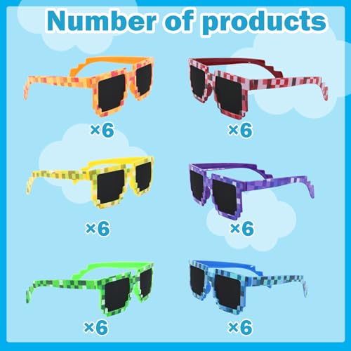 36 Pack Pixel Sunglasses Bulk, 6 Colors Pixelated Mosaic Gamer Glasses Party Favors, Gamer Robot Pixelated Sunglasses for Kids Adults Boys Girls Birthday Photo Props Party Supplies4