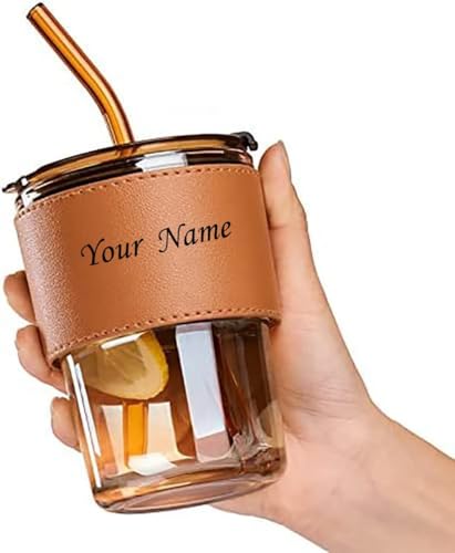 Image of Personalized Glass Sipper Tumbler with Leather Sleeve, Lid & Straw | Reusable Coffee, Tea, Milk & Juice Mug |Leakproof Gift Cup for Kids & Adults - 435ml (Brown)