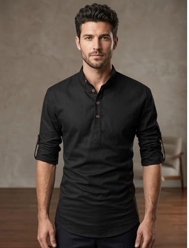 Image of FINIVO FASHION Combo of Men's Cotton Blend Solid Regular Fit Full Sleeve Straight Short Kurta Shirt, Casual and Formal Wear