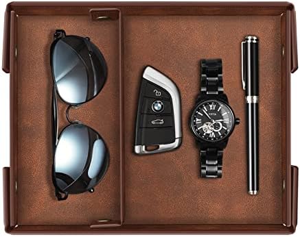 SITHON Valet Tray Catchall Desktop Organizer - Removable 2 Compartments Entryway Table Catchall Tray Bedside Vanity Tray Nightstand Caddy Holder for Phone, Keys, Wallet, Jewelry, Brown