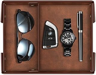 SITHON Valet Tray Catchall Desktop Organizer - Removable 2 Compartments Entryway Table Catchall Tray Bedside Vanity Tray Nightstand Caddy Holder for Phone, Keys, Wallet, Jewelry, Brown