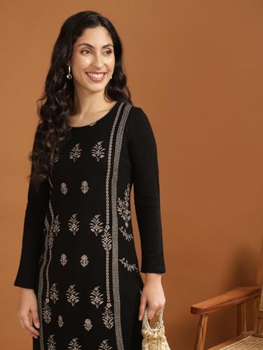 Image of rangita Black Acrylic Calf Length Printed Straight Kurti for Women | Kurta for Women