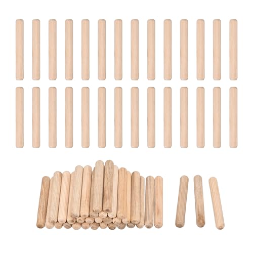 sourcing map 60 Pcs Wooden Dowel Pins 8x60mm(0.31x2.36) Fluted Beveled Ends Wood Dowel Pegs Dried Hardwood for Woodworking Furniture Shelf