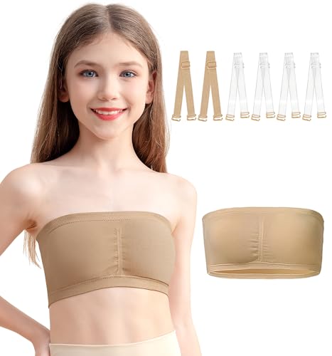 QZSH Girls Seamless Bandeau Bra for Teens Adjustable Clear Straps Training Bra 7-16 Years Chest Padding(8F-18-1-L)