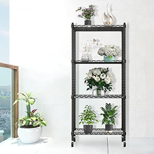 MLUPODY 4 Tier Shelving Units for Storage, Multipurpose Storage Shelves on Wheels, Adjustable Height, Heavy Duty Metal Shelving Units for Garage Bathroom Kitchen Living Room(55X30X121.5cm)
