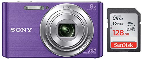 Image of Sony CyberShot DSC W830 20.1 MP Point and Shoot Camera (Violet) with 8X Optical Zoom with Camera Case + SanDisk 128GB Ultra SDXC UHS-I Memory Card - 100MB /s, C10, U1, Full HD, SD Card
