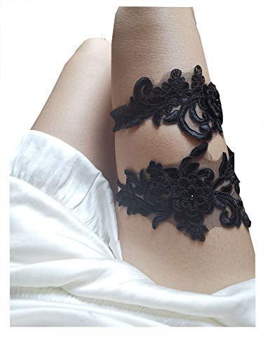 Wedding garters for bride sequins lace bridal garter set (Black)