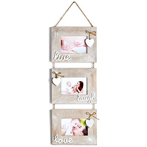 Yaetm Live Laugh Love Collage Hanging Picture Frame 4x6", Solid Wood 3 Photo Frames Set, Wall Mount Verticval Display, Rustic Grey Cover