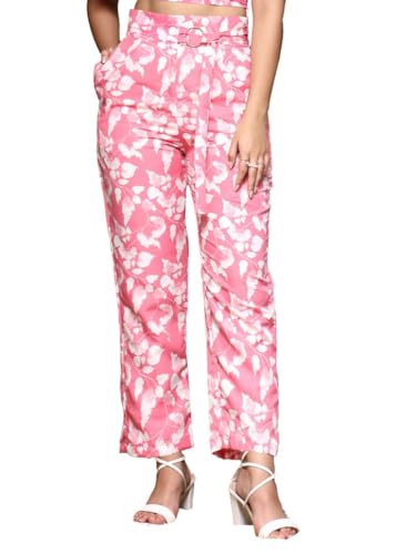 Women's Wide Leg Pants | Printed Pink Cepe Fabric Trousers | Stylish Korean Clothing | Flared, Straight Fit, Baggy, and Loose Jeggings for Girls and Women