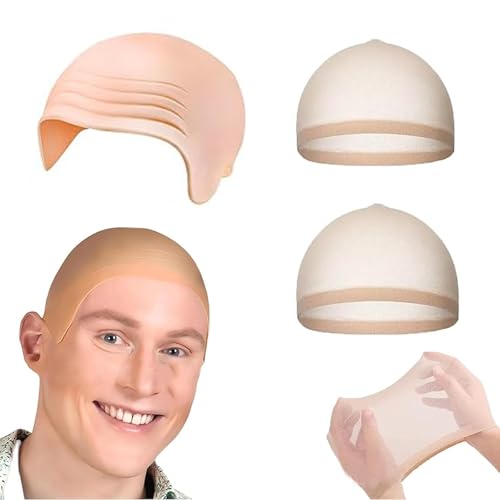 3 peças Calva disfarce, boné calvo de látex para adultos, acessórios para disfarce de cabeça careca de látex para adultos e adolescentes, boné de caveira chapéu de cosplay carnaval