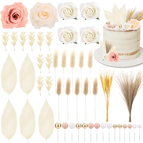 Set di 56 decorazioni per torte boho riutilizzabili, con petali di rosa artificiali, foglie di oliva secche, foglie di magnolia, coda di coniglio, palline per compleanno, matrimonio, baby shower