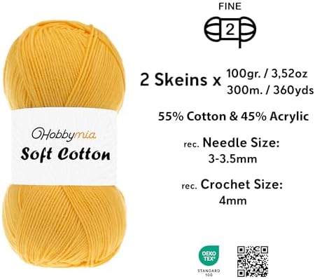 HobbyMia Soft Cotton Blend Crochet Yarn – Sport Weight Yarn for Crochet & Knitting – 100g / 361yds – 55% Cotton 45% Acrylic – Ideal for Amigurumi & Baby Projects (Orange - Mimosa, 2 Skeins)