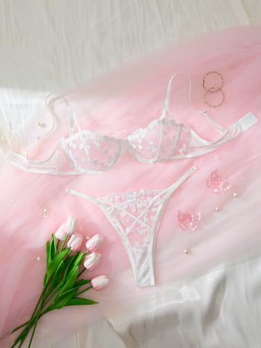 Image of Lilosy Sexy Underwire Cute Push Up Strappy Embroidered Mesh Sheer Lingerie Set See Through Panty Bra