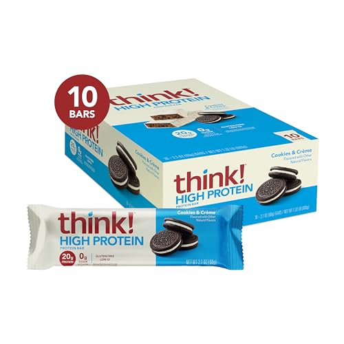think! Protein Bars, High Protein Snacks, Gluten Free, Kosher Friendly, Cookies and Crème, Nutrition Bars, 2.1 Oz per Bar, 10 Count (Packaging May Vary)