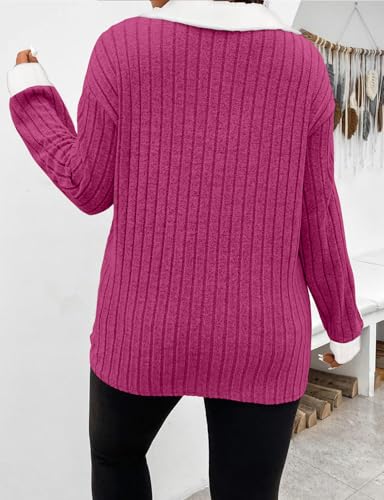 Image of Koscacy Women Plus Size Casual Knit Sweater Lapel V Neck Solid Color Tops Lightweight Long Sleeve Blouses