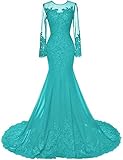 Abendkleider Lang Meerjungfrau Brautkleider Hochzeitskleid Chiffon Ballkleider Langarm Festkleid Mit Schleppe Jade 40
