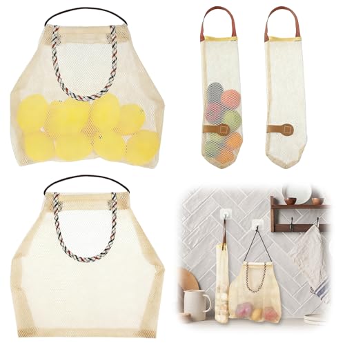 Nocecfi Hanging Mesh Vegetable Storage Bag, 4 Pcs Reusable Produce String Shopping Bags for Kitchen, Breathable Woven Fruit Net for Onion Potato Garlic Ginger