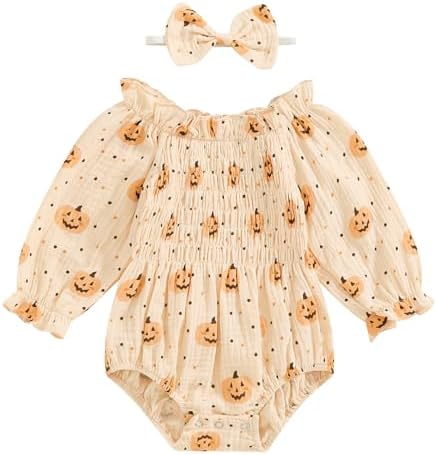 Kayotuas Baby Girl Halloween Outfit Newborn Pumpkin Bubble Romper Dress Long Sle