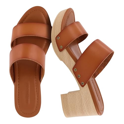 Image of CUSHIONAIRE Sky Platform Sandals for Women, Faux Wood Block Heel Slide with Comfort Foam Footbed and Vegan Leather Straps, Wide Width Available