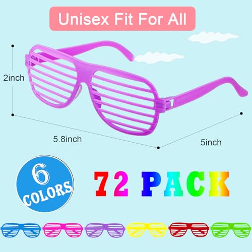 72 Pack Shutter Shade Glasses in Bulk, 80s Style Slotted Sunglasses, Neon Color Shades Perfect for Party Favors, Birthday Supplies, Adult and Teen School Gifts2