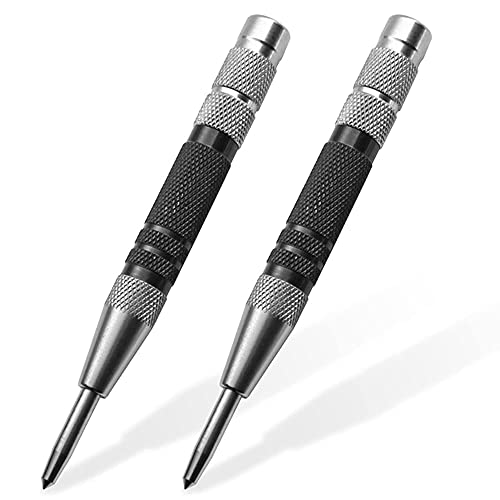 2 Pcs Black Automatic Center Punch Steel Adjustable One-Handed Spring Impact Loaded Center Hole Punch Metal Hole Punch Hand Push Tools for Machinists Glass Wood Thin Steel Sheets and More Materials