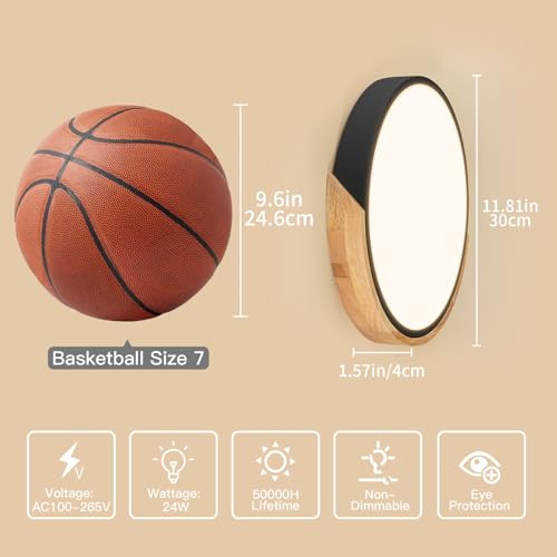 Image of 11.8 Inch Wood LED Flush Mount Ceiling Light 3000K, Black