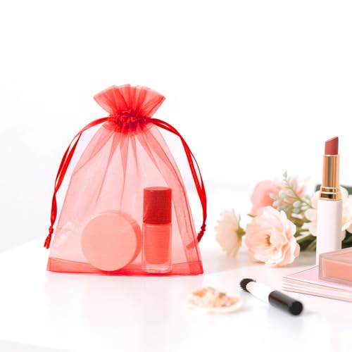 Image of joycraft 50Pcs Hot Red Organza Bags - 2.7x3.5 In Sheer Holiday Drawstring Mesh Pouch, Small Party Favor Bags for Halloween, Christmas, Small Business, Jewelry Diaplay