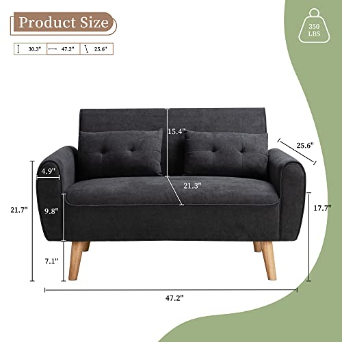 Vongrasig 47" Small Modern Loveseat Sofa, Mid Century Linen Fabric 2-Seat Sofa Couch Tufted Love Seat With Back Cushions And Tapered Wood Legs For Living Room, Bedroom And Small Space (Black) #TOP1