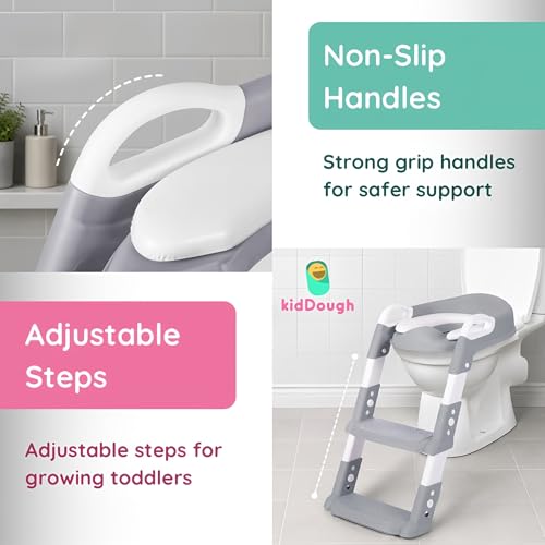 Image of KidDough Potty Training Seat with Ladder, Splash Guard, Handle and Cushion Seat, Polypropylene, Grey, Modern Style, for Kids (Potty Seat with Ladder, Grey)