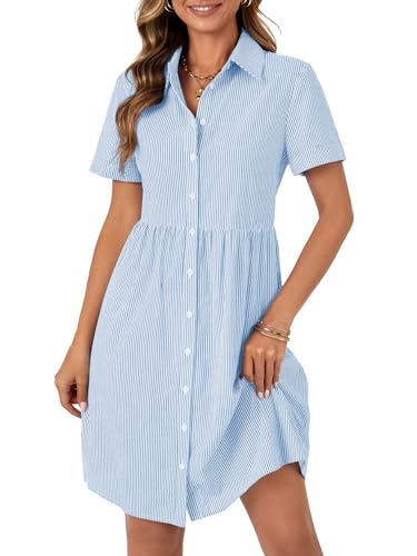 Image of Rooscier Women's Striped Shirt Dress Button Down Collared Short Sleeve Mini Dress