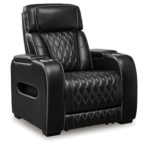 Signature Design by Ashley Boyington Contemporary Leather Match Power Recliner with Adjustable Headrest, Cup Holders, USB Port and Air Massage System, Black