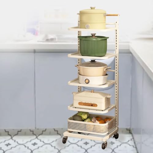 Carrito de cocina rodante blanco para frutas y verduras, cesta de almacenamiento de ahorro de espacio con 5 estantes y 1 canasta, perfecta para uso en cocina y comedor