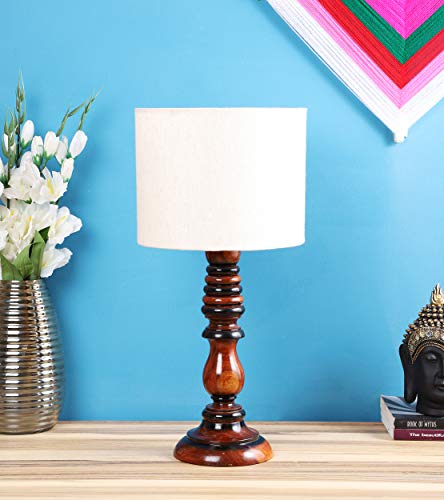 Image of tu casa Off White Cotton Flex Shade with Brown Mango Wood Base Table Lamp | Elegant Bedside & Desk Lamp for Bedroom, Living Room, Office, Home Decor & Gifting (Height : 21 Inch /No Blub Included)